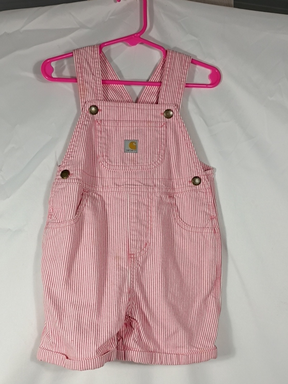 EUC Carhartt Pink and White Pinstripe Kids' Shortalls Sz 3T Summer Farm Western